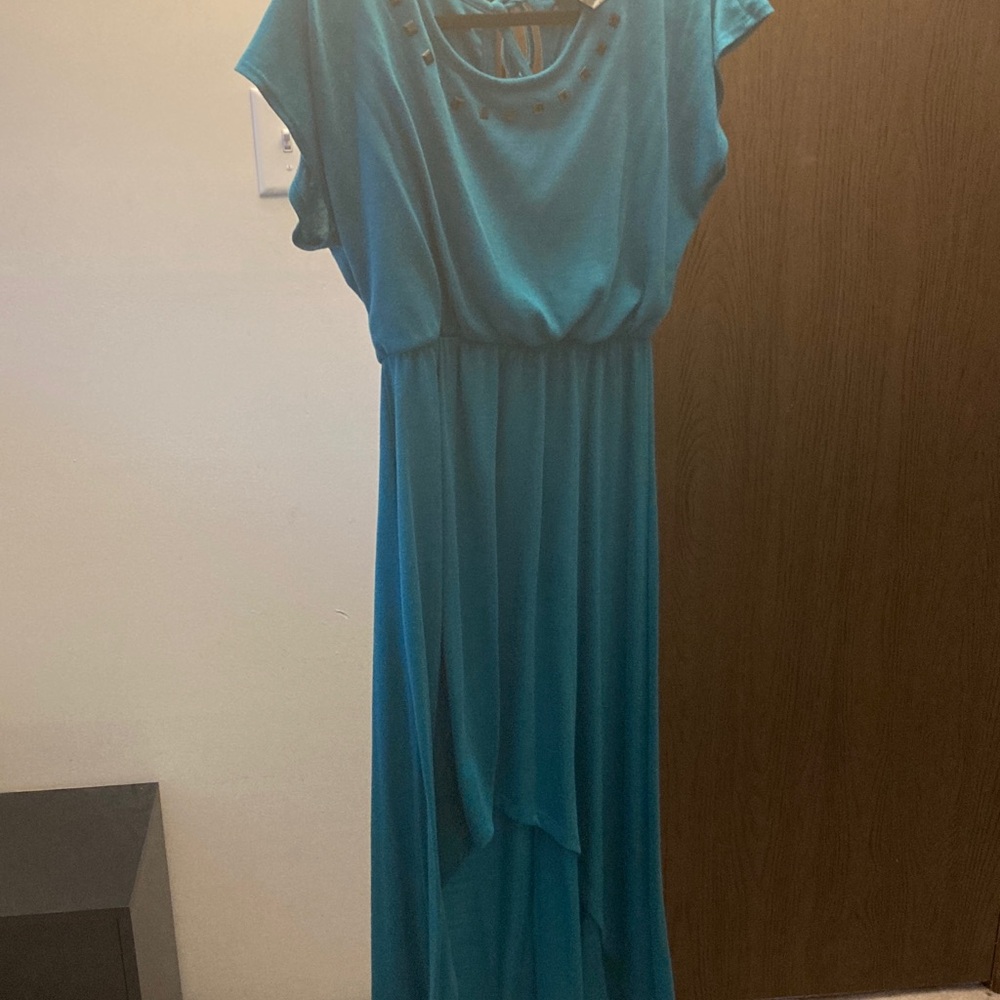 Flowy Teal High-Low Maxi Dress with Elastic Waist